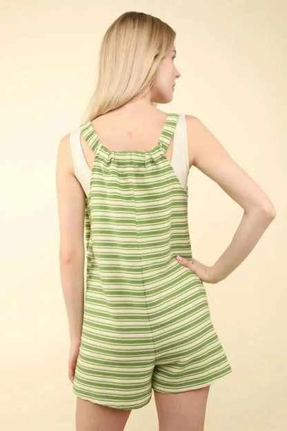 VERY J Tie Shoulder Front Pocket Striped Contrast Romper - Bad Moms Club