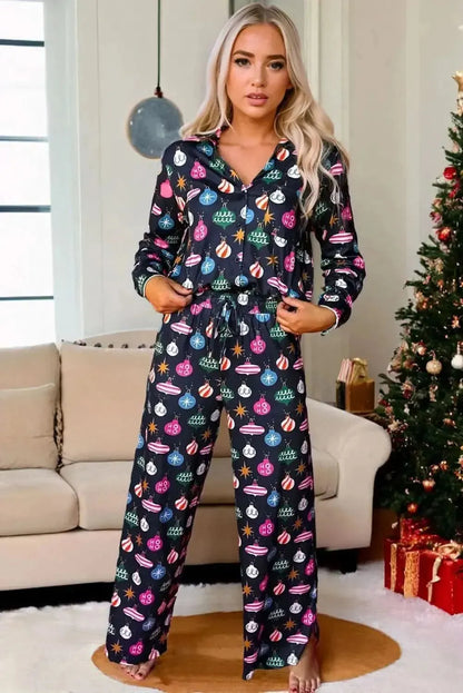 Christmas Lights Print Collared Neck Top and Pants Set - Bad Moms Club