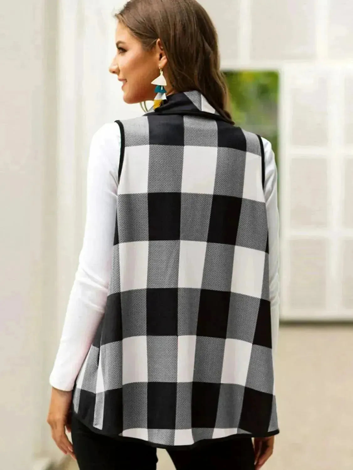 Plaid Open Front Sleeveless Cardigan - Bad Moms Club