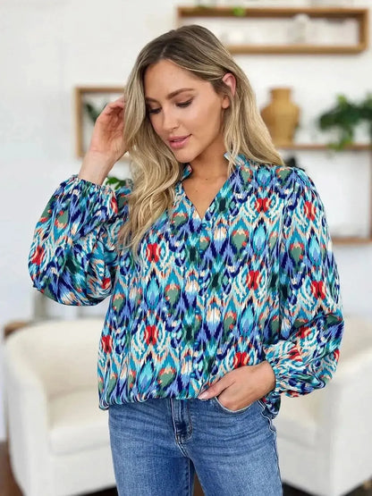 Double Take Full Size Printed Balloon Sleeve Blouse - Bad Moms Club