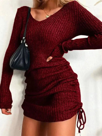 Ribbed Drawstring V-Neck Mini Dress - Bad Moms Club
