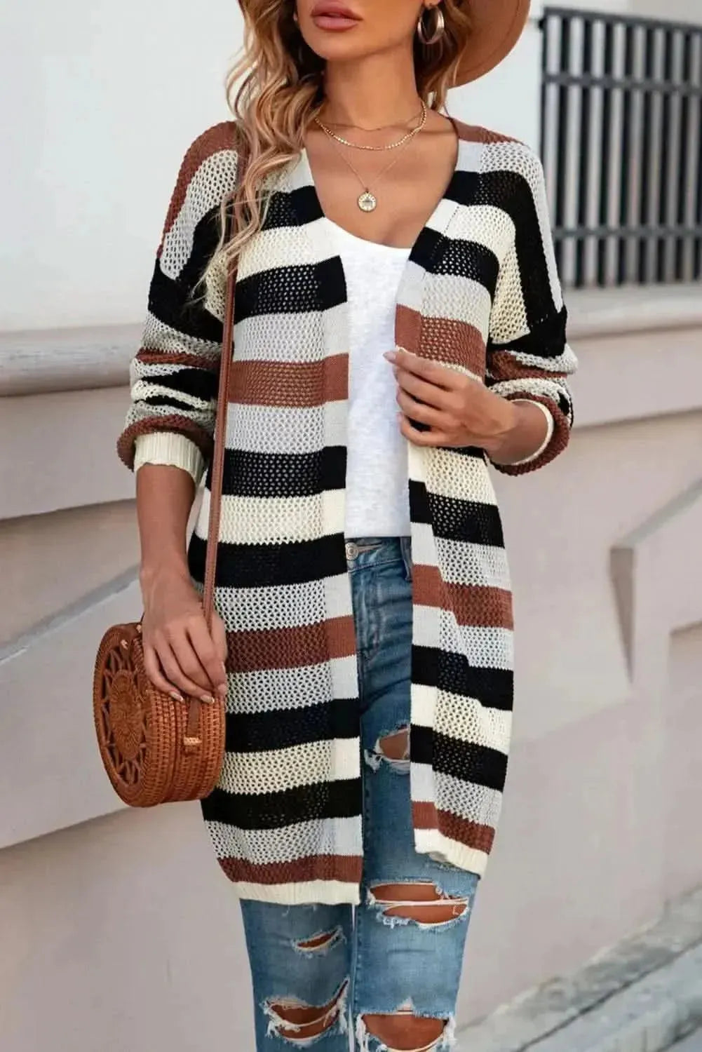Full Size Striped Long Sleeve Openwork Cardigan - Bad Moms Club