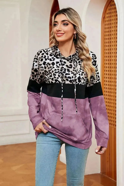 Leopard Drawstring Hoodie with Pocket - Bad Moms Club