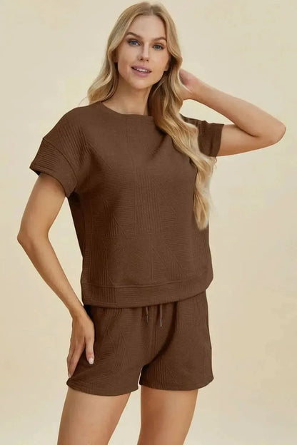 Double Take Full Size Texture Short Sleeve Top and Shorts Set - Bad Moms Club