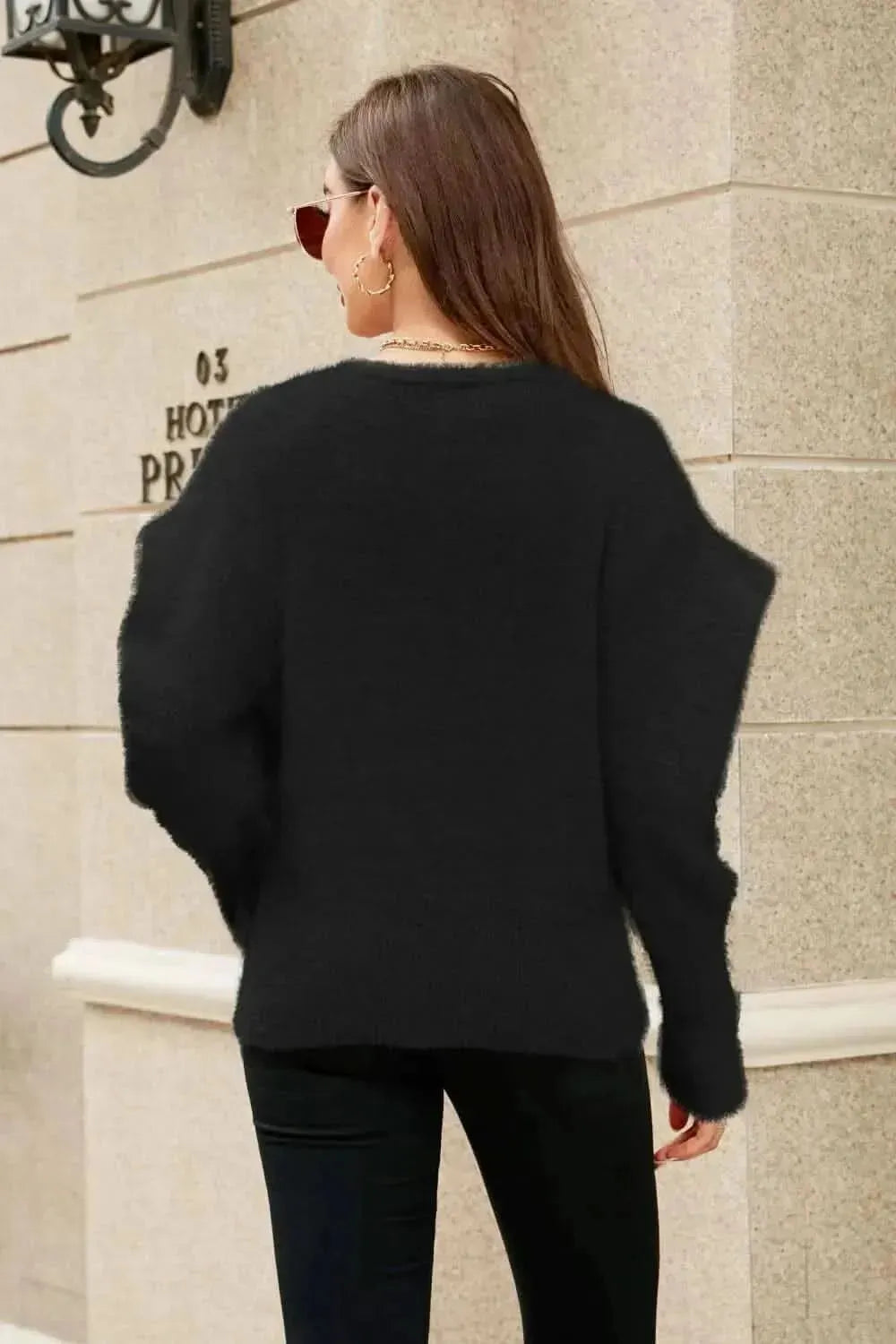 Woven Right Puff Sleeve V-Neck Fuzzy Cardigan - Bad Moms Club
