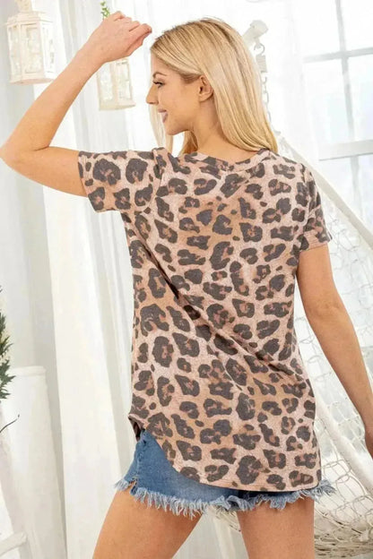 Heimish Full Size Leopard V-Neck Short Sleeve T-Shirt - Bad Moms Club