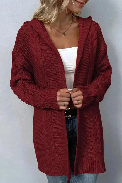 Cable-Knit Dropped Shoulder Hooded Cardigan - Bad Moms Club