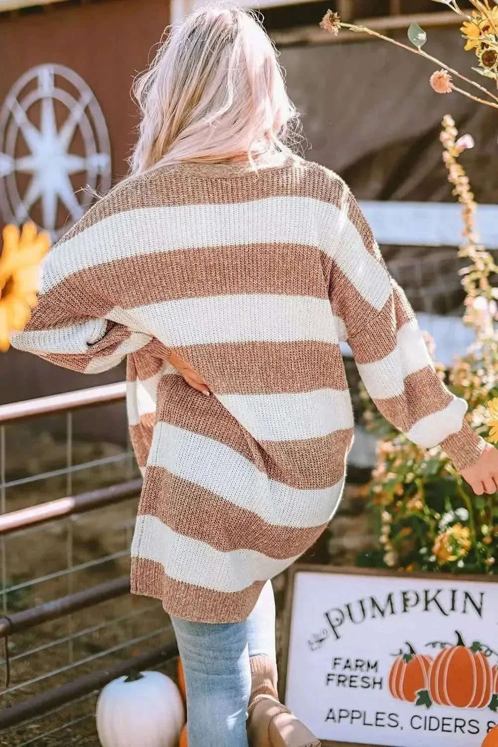 Striped Open Front Long Sleeve Cardigan - Bad Moms Club