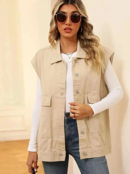 Pocketed Button Up Sleeveless Denim Jacket - Bad Moms Club