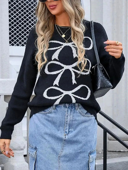 Angel Wings Bow Graphic Round Neck Long Sleeve Sweater - Bad Moms Club