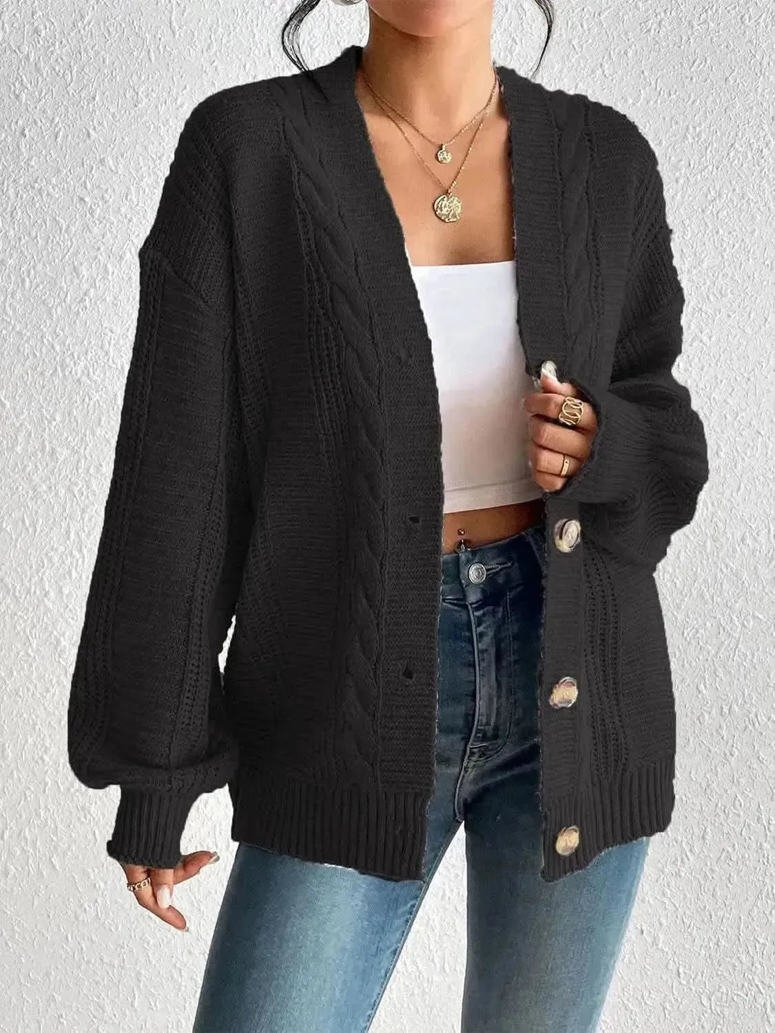 Cable-Knit Button Down Cardigan - Bad Moms Club
