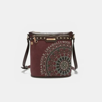 Nicole Lee USA Metallic Stitching Embroidery Inlaid Rhinestone Crossbody Bag - Bad Moms Club
