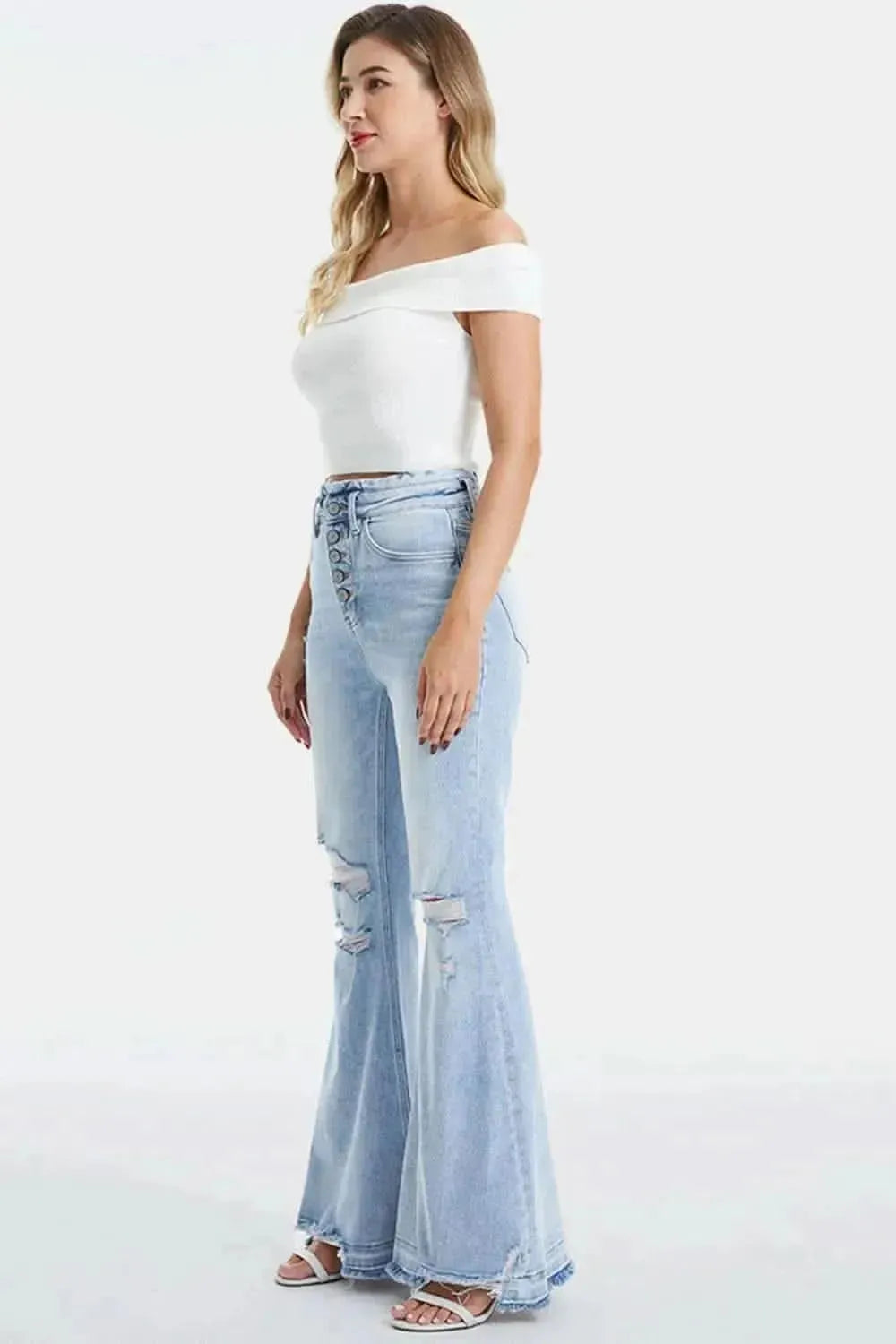 BAYEAS Full Size Distressed Raw Hem High Waist Flare Jeans - Bad Moms Club