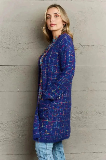 Plaid Fringe Trim Open Front Longline Cardigan - Bad Moms Club