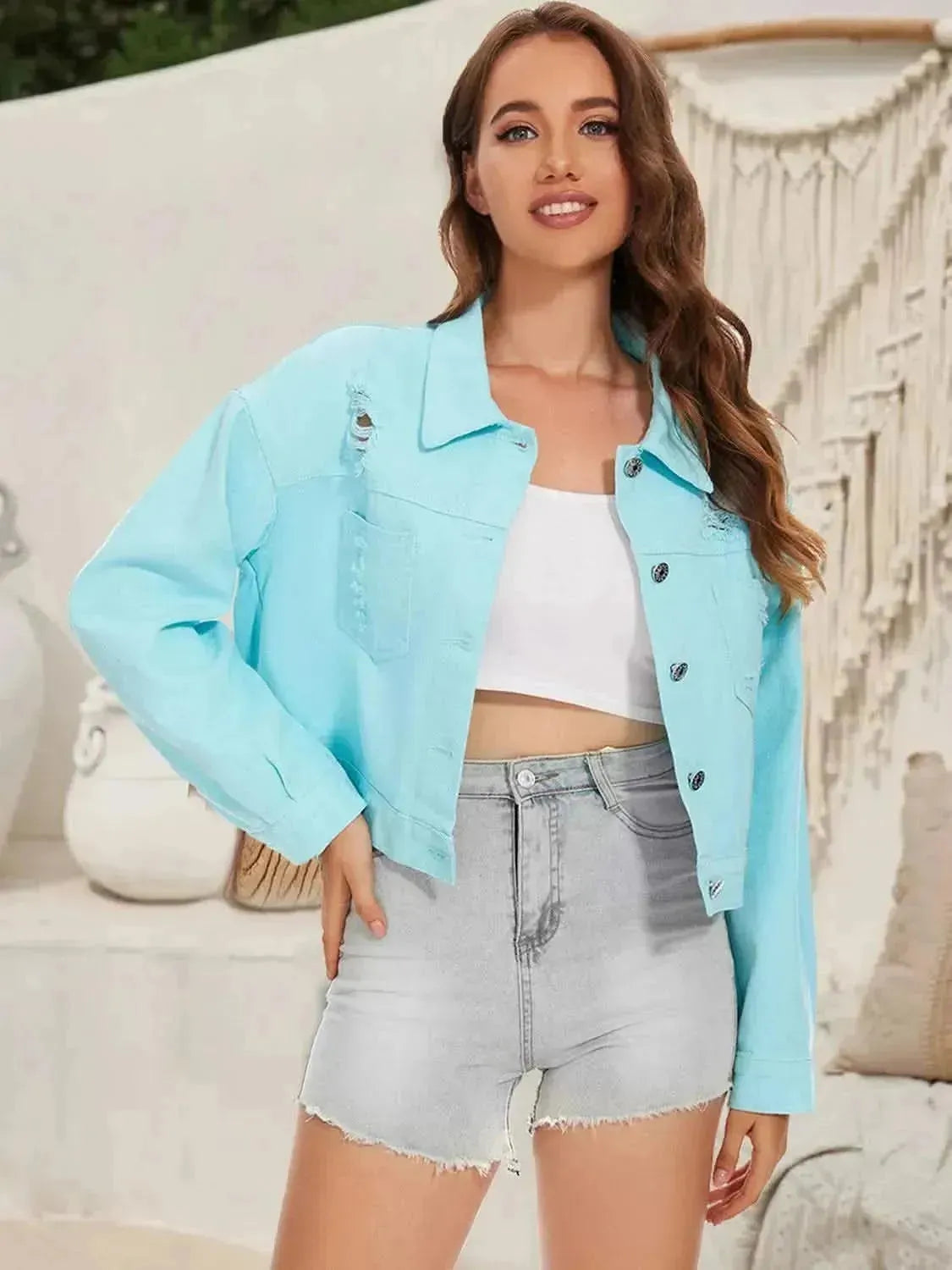 Distressed Distressed Button Up Denim Jacket - Bad Moms Club