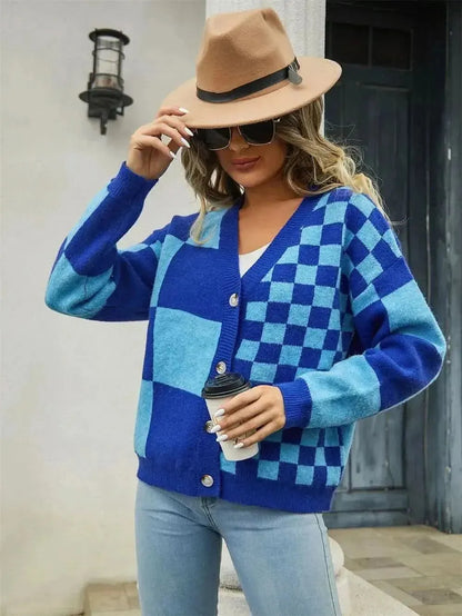 Plaid V-Neck Dropped Shoulder Cardigan - Bad Moms Club