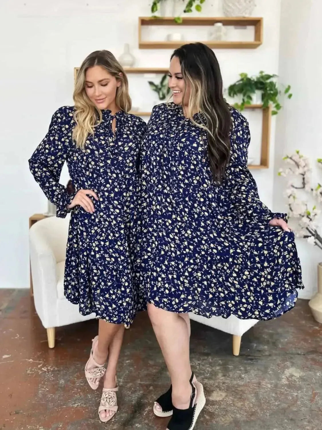 Double Take Full Size Printed Ruffle Hem Long Sleeve Tiered Dress - Bad Moms Club
