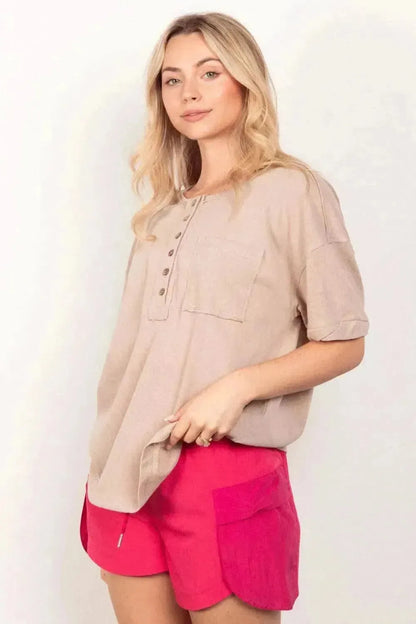 VERY J Twisted Sleeve Band Half Button Top - Bad Moms Club