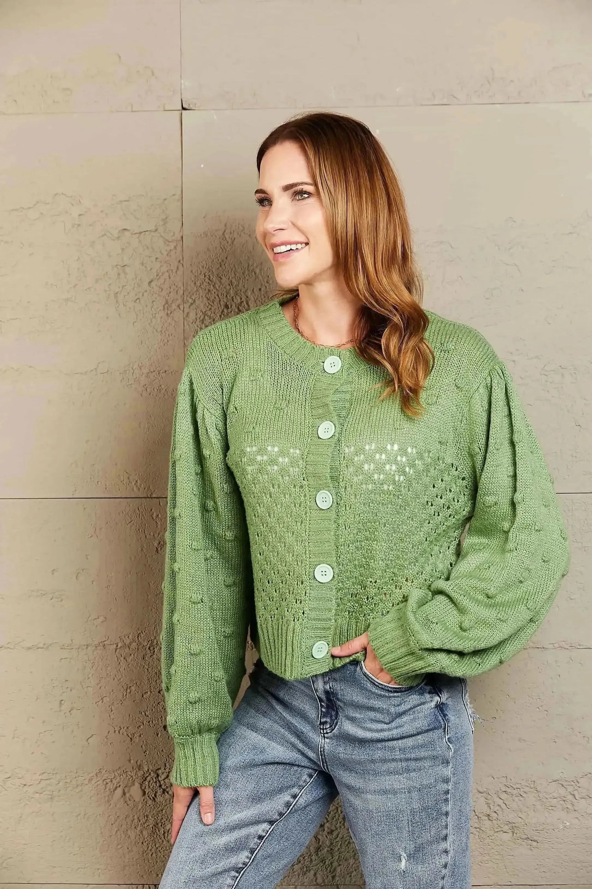 Woven Right Openwork Pompom Puff Sleeve Cardigan - Bad Moms Club