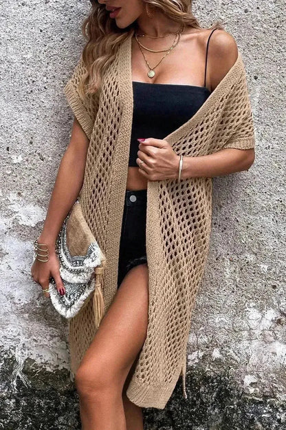 Openwork Open Front Short Sleeve Cardigan - Bad Moms Club