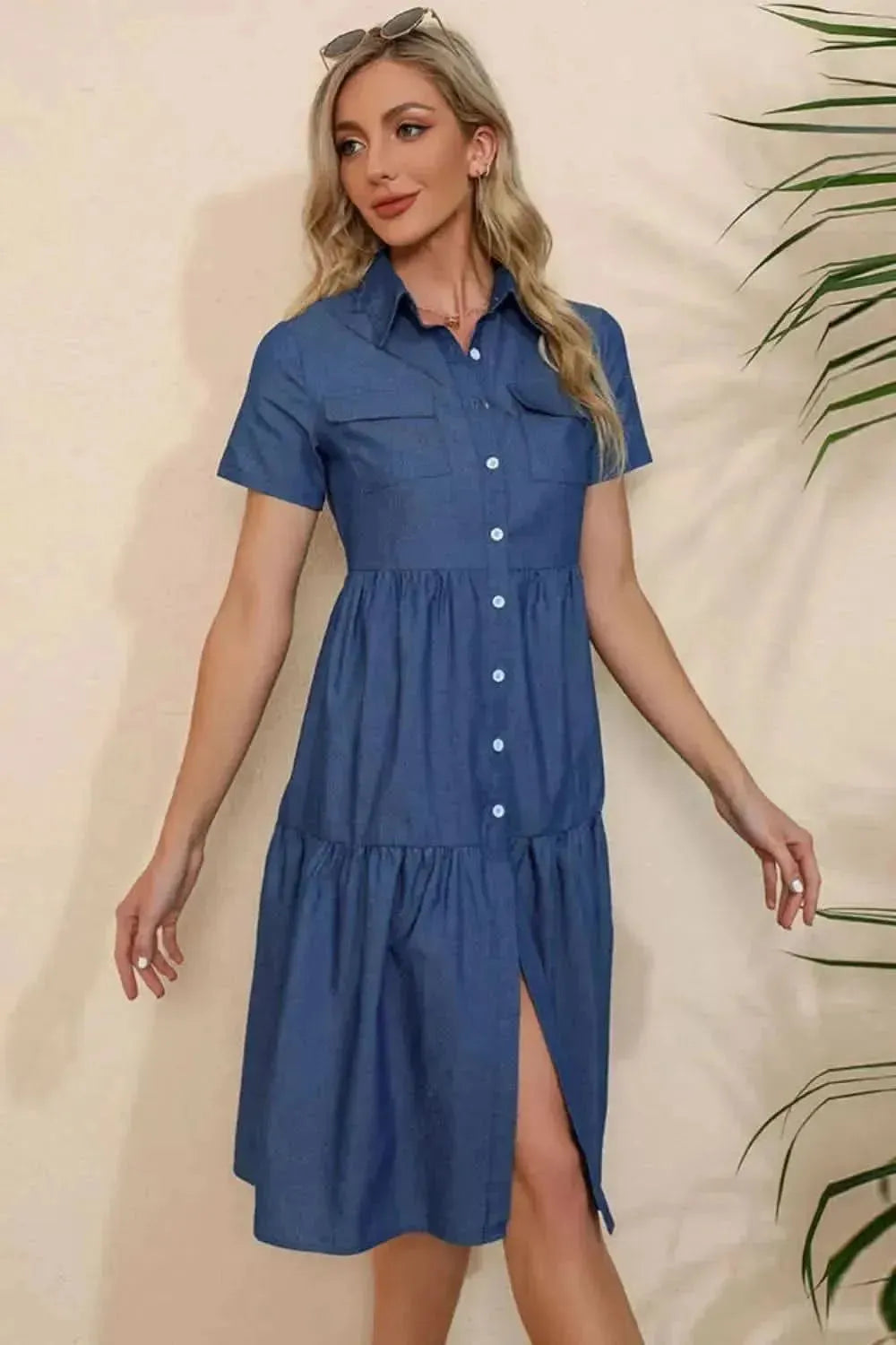 Short Sleeve Collared Button Down Denim Dress - Bad Moms Club