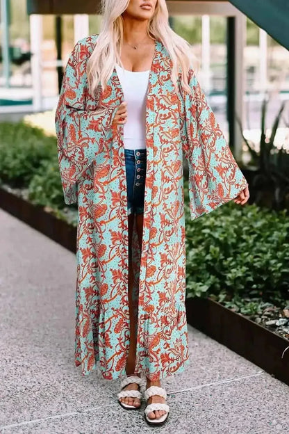 Printed Open Front Duster Cardigan - Bad Moms Club