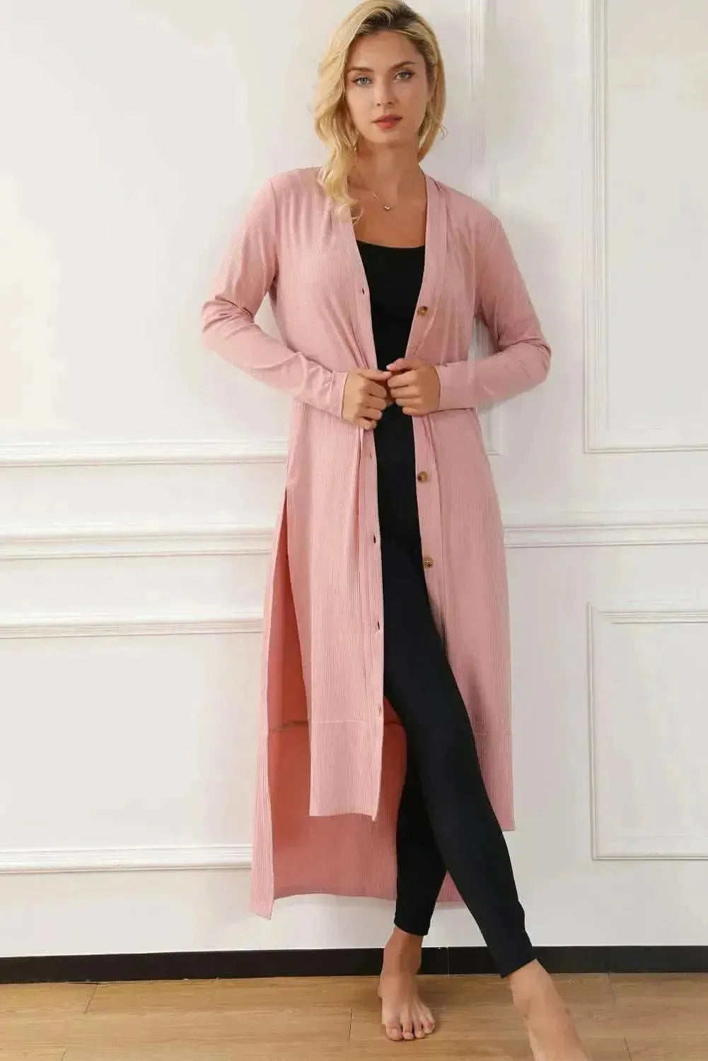 Button Up High-Low Long Sleeve Slit Cardigan - Bad Moms Club