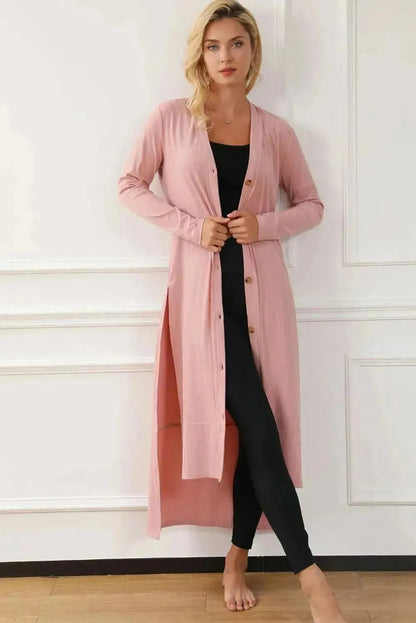 Button Up High-Low Long Sleeve Slit Cardigan - Bad Moms Club