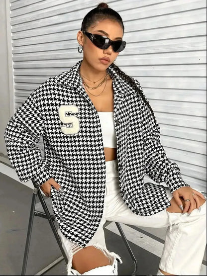 Houndstooth Button Down Long Sleeve Shacket - Bad Moms Club