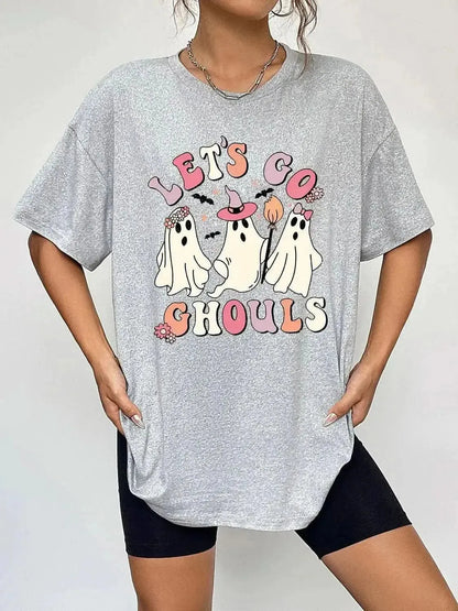 Round Neck Short Sleeve LET'S GO GHOULS Graphic T-Shirt - Bad Moms Club