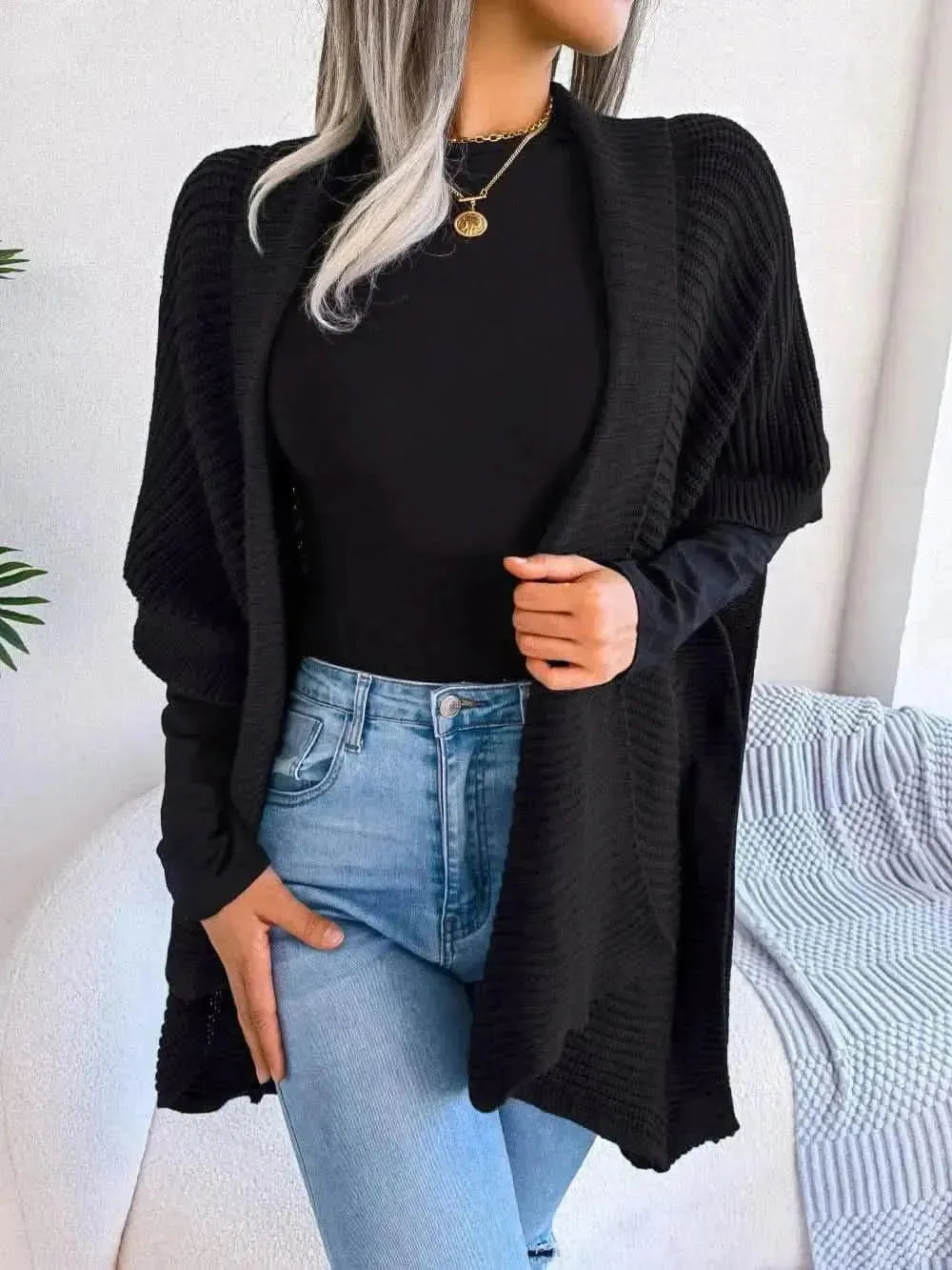 Horizontal Ribbing Open Front Slit Cardigan - Bad Moms Club