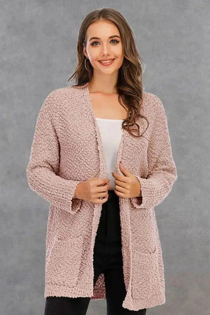 Pocketed Open Front Long Sleeve Cardigan - Bad Moms Club