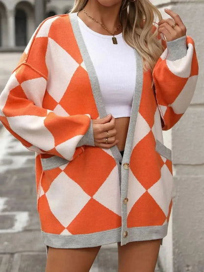 Checkered Dropped Shoulder Long Sleeve Cardigan - Bad Moms Club