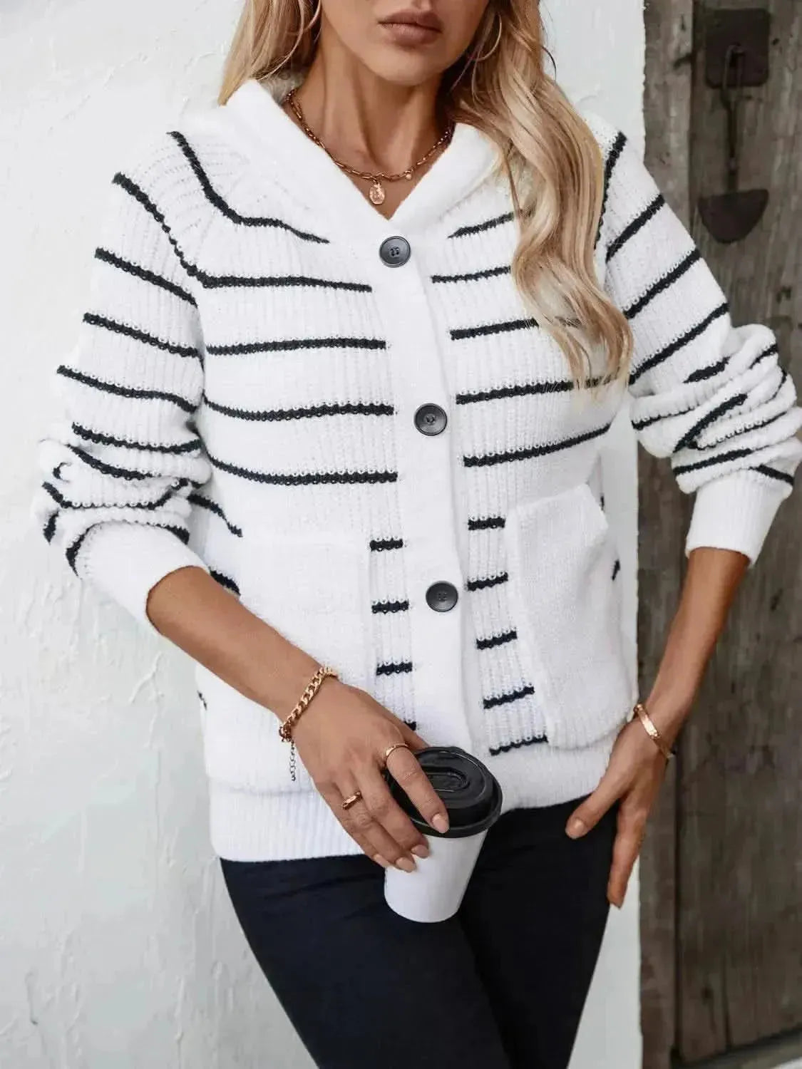 Striped Button Up Long Sleeve Hooded Cardigan - Bad Moms Club