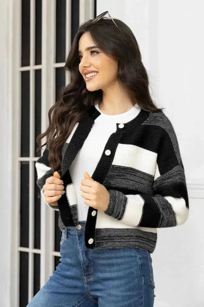 Striped Button Up Long Sleeve Cardigan - Bad Moms Club