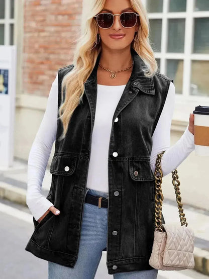 Button Up Collared Neck Denim Jacket with Pockets - Bad Moms Club