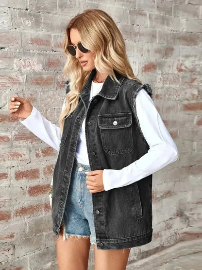 Raw Hem Sleeveless Button Up Denim Jacket - Bad Moms Club