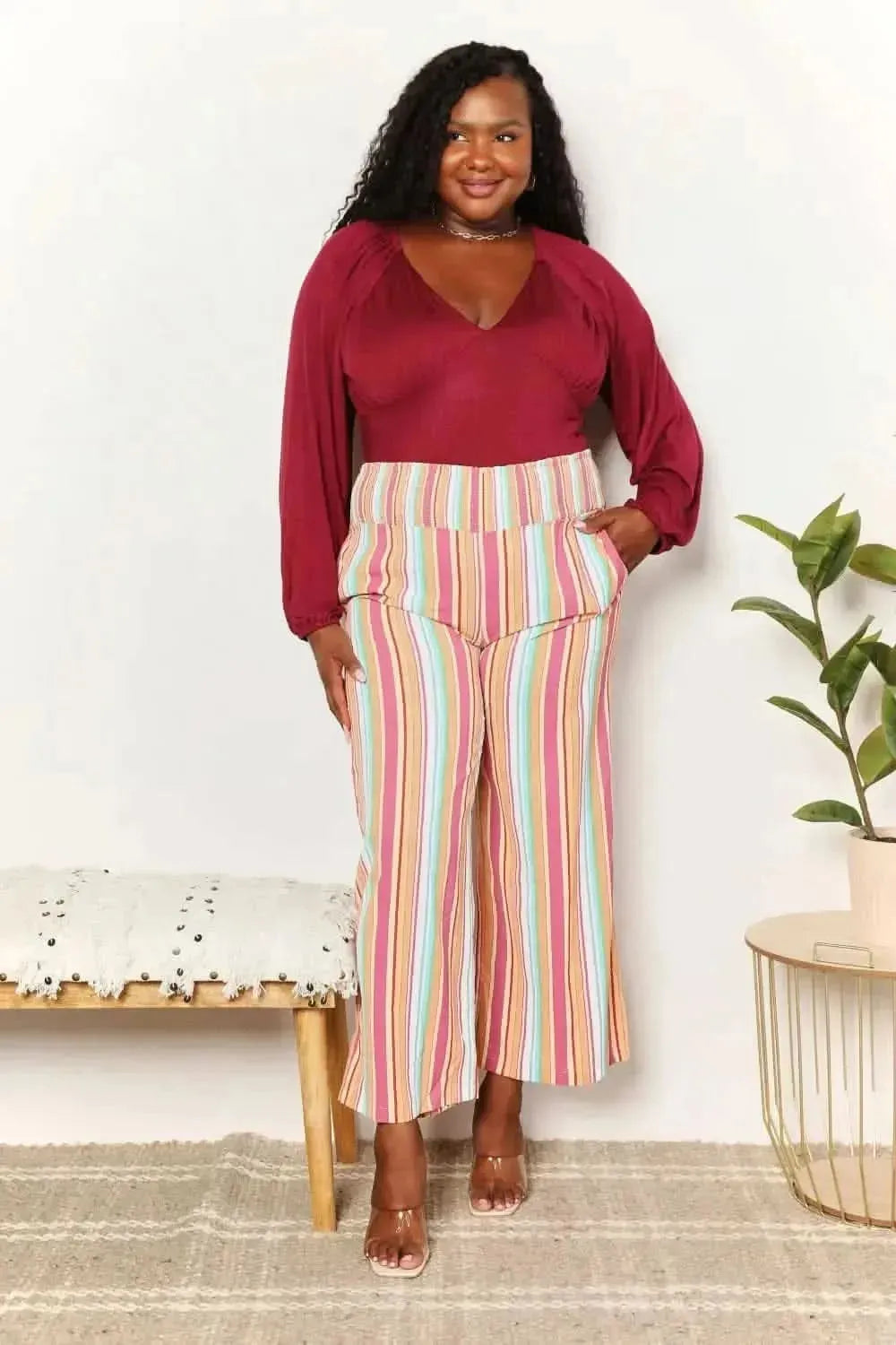 Double Take Striped Smocked Waist Pants with Pockets - Bad Moms Club