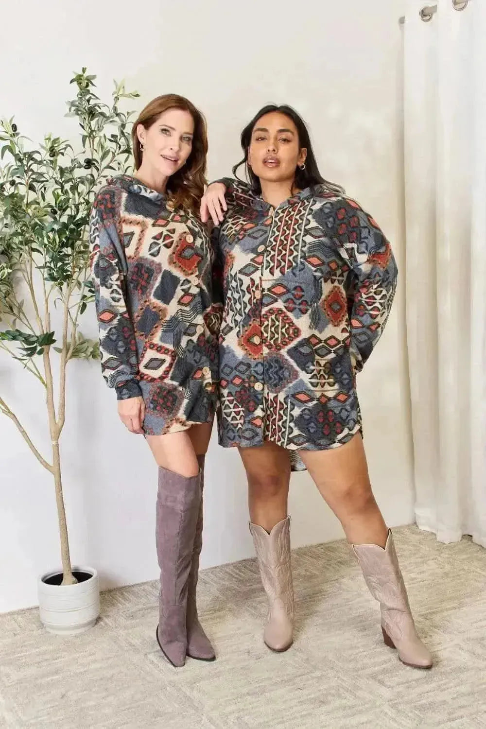 Heimish Full Size Printed Button Up Hooded Jacket - Bad Moms Club