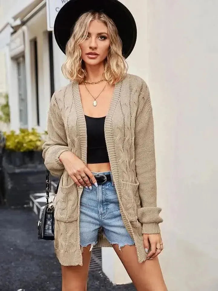 Cable-Knit Long Sleeve Cardigan - Bad Moms Club