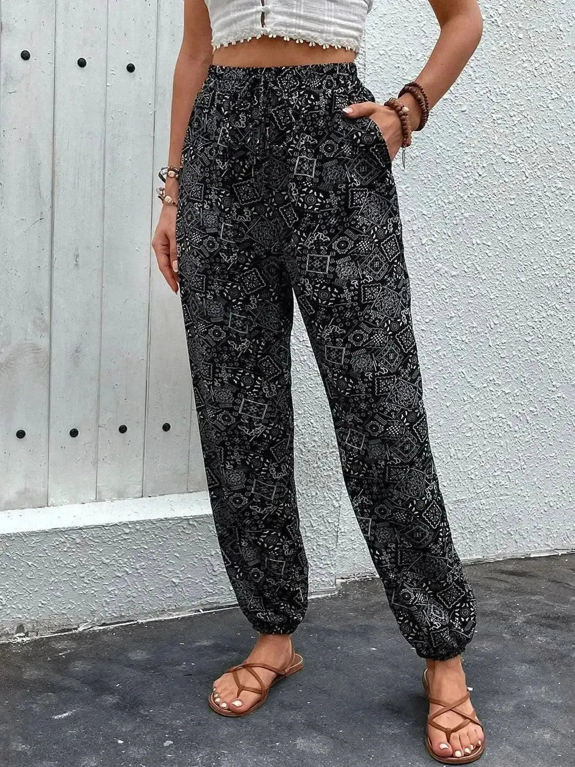 Perfee Printed High Waist Pants - Bad Moms Club
