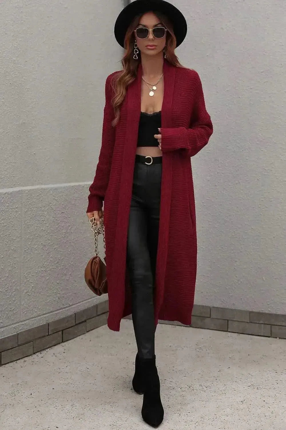 Waffle Knit Open Front Duster Cardigan With Pockets - Bad Moms Club