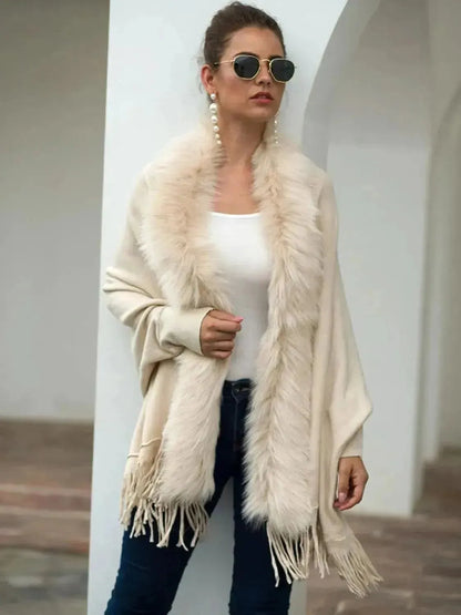 Fringe Open Front Long Sleeve Poncho - Bad Moms Club