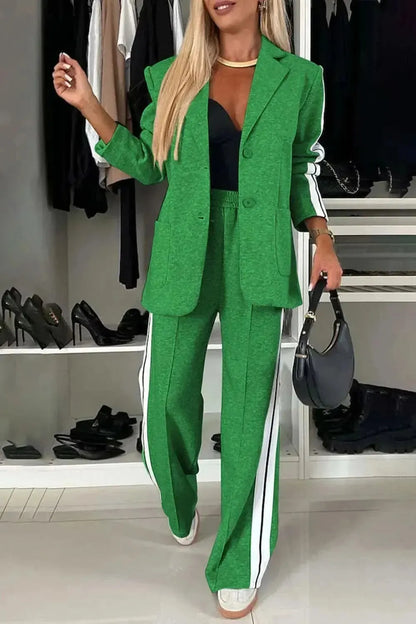 Full Size Contrast Lapel Collar Top and Pants Set - Bad Moms Club