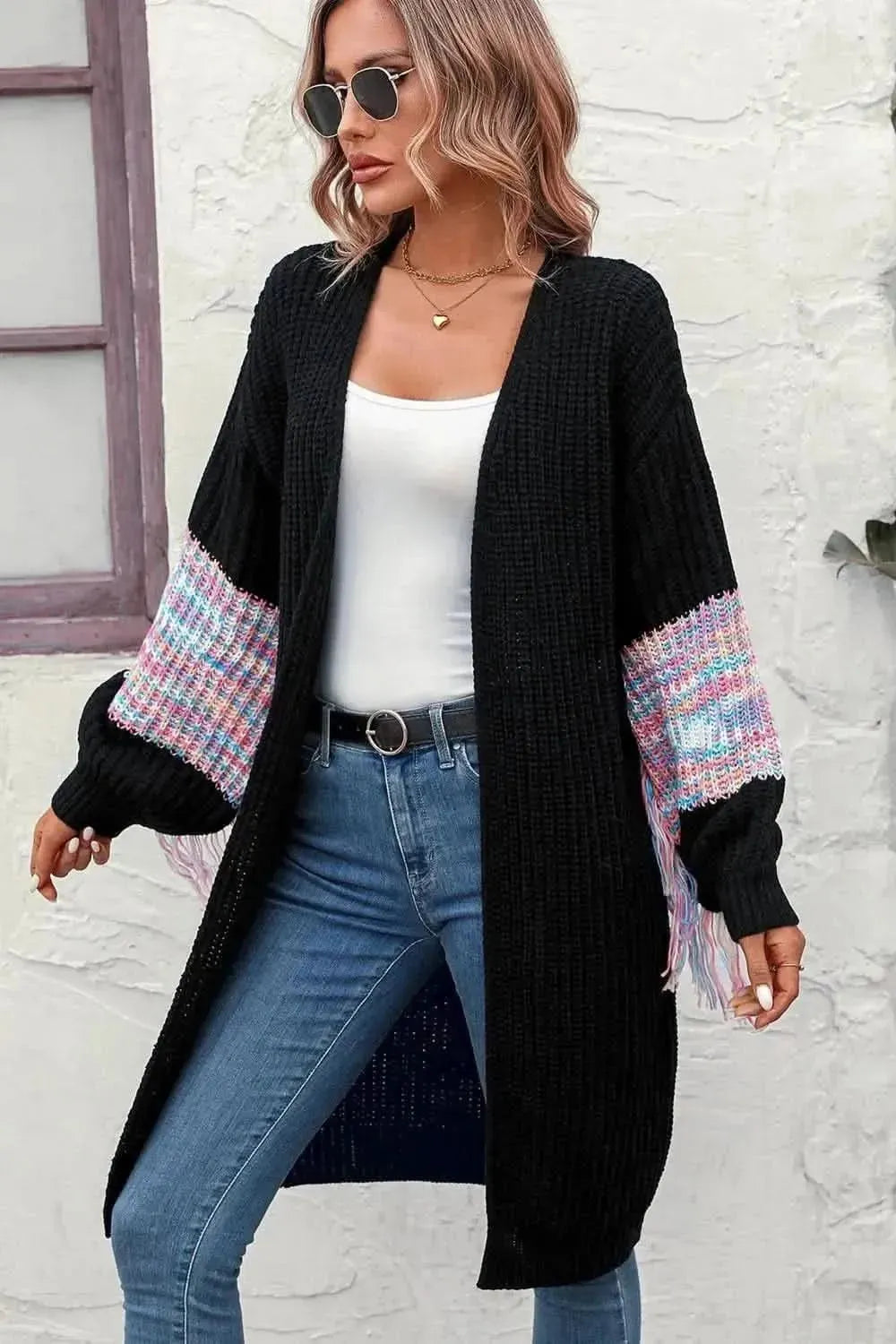 Fringe Sleeve Dropped Shoulder Cardigan - Bad Moms Club