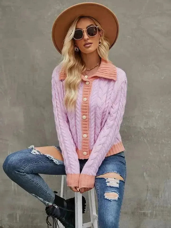 Collared Neck Long Sleeve Cardigan - Bad Moms Club