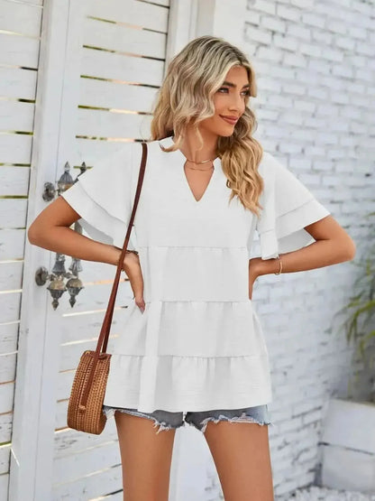Tiered Notched Short Sleeve Blouse - Bad Moms Club