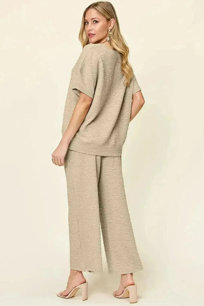 Double Take Full Size Texture Short Sleeve Top and Pants Set - Bad Moms Club