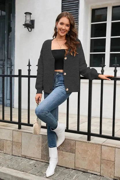 Horizontal Ribbing Button Down Cardigan - Bad Moms Club