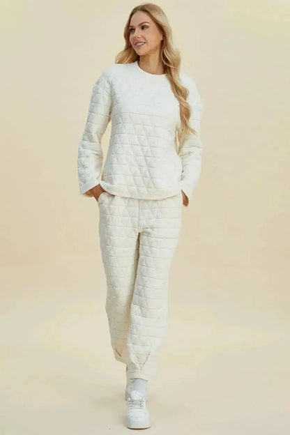 Double Take Full Size Texture Round Neck Long Sleeve Top and Pants Set - Bad Moms Club